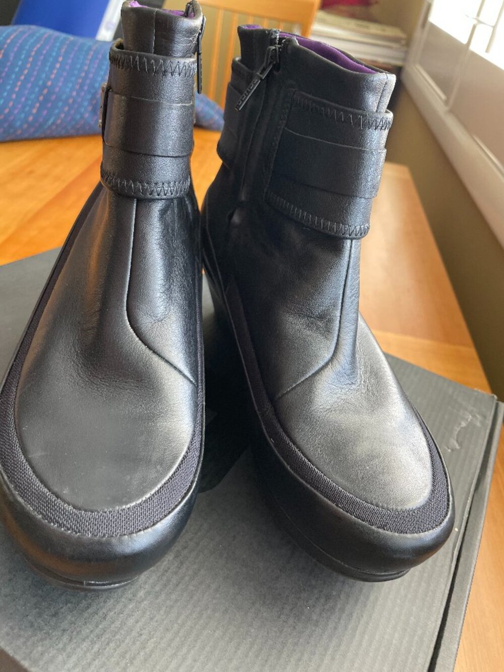 Tsubo, black platform ankle boots.